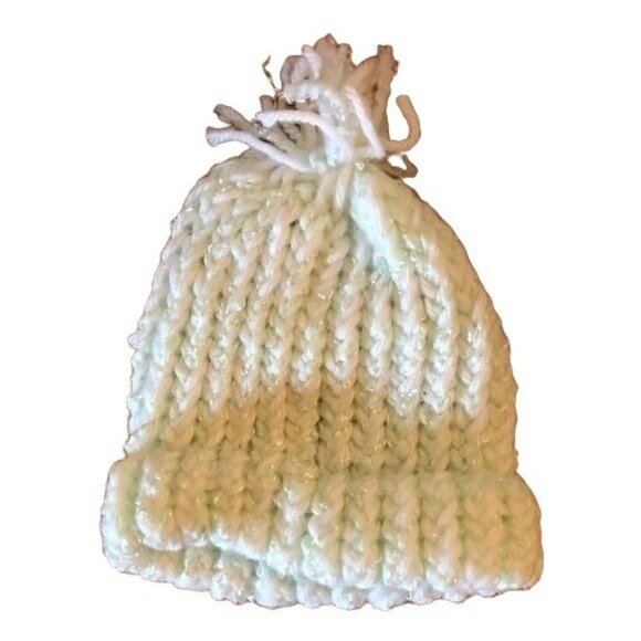 Handmade white knitted beanie hat light green fringe 5x5" READ new - Picture 1 of 6